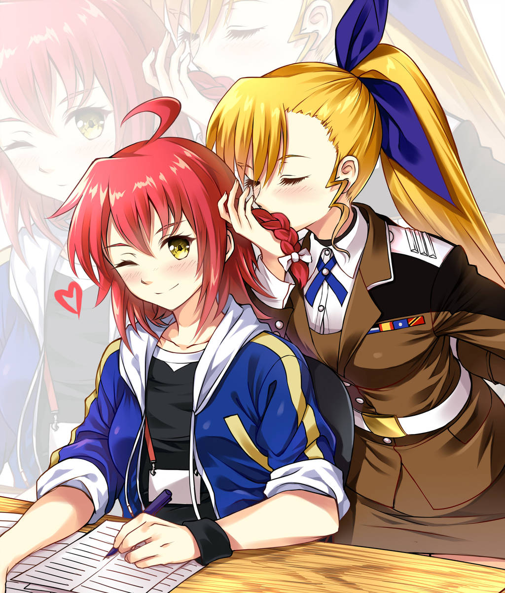 2girls ahoge blonde_hair blue_ribbon blush braid brown_jacket brown_skirt chair collarbone eyelashes hair_between_eyes hair_ribbon heart highres holding holding_pen hood hoodie jacket long_hair long_sleeves looking_at_viewer lyrical_nanoha mahou_shoujo_lyrical_nanoha_vivid military military_uniform miniskirt multiple_girls neck_ribbon nove_(nanoha) numbers_(nanoha) one_eye_closed paper pen pencil_skirt phanc ponytail redhead ribbon side_braid sidelocks sitting skirt sleeves_rolled_up smelling_hair smile table tsab_ground_military_uniform uniform vivio wristband writing yellow_eyes yuri zoom_layer