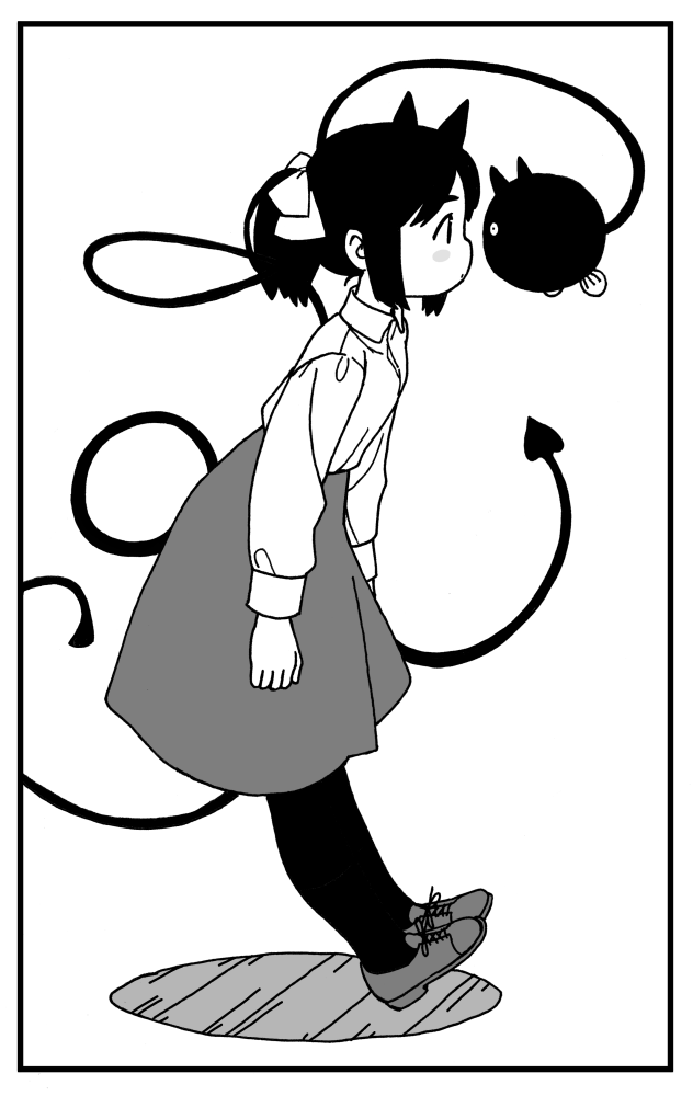 1girl akai_sashimi animal_ears arms_at_sides blush_stickers border cat_ears cat_girl cat_tail collared_shirt creature cross-laced_footwear demon_tail expressionless eye_contact fins frame from_side full_body greyscale hair_ornament hair_ribbon high-waist_skirt leaning_forward long_sleeves looking_at_another monochrome original pantyhose ponytail profile ribbon shirt shoes short_hair short_ponytail skirt sleeve_cuffs standing tail wooden_floor