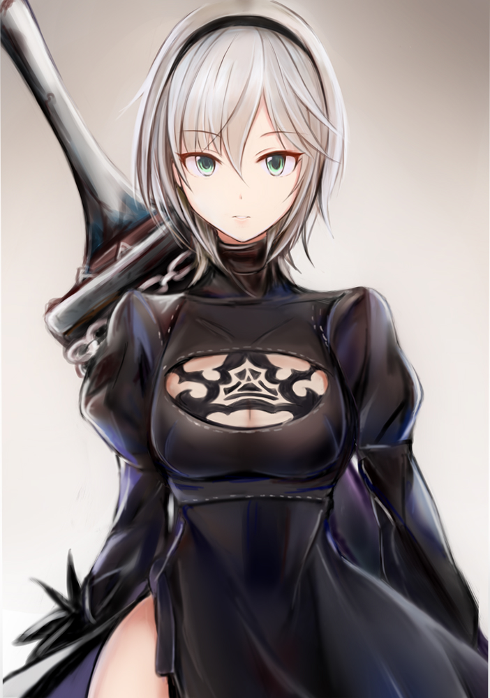 1girl anastasia_(idolmaster) bangs black_dress blue_eyes breasts cleavage cleavage_cutout cosplay dress feather-trimmed_sleeves gloves gradient gradient_background greatsword grey_background hair_between_eyes hairband idolmaster idolmaster_cinderella_girls juliet_sleeves long_sleeves looking_at_viewer medium_breasts nannacy7 nier_(series) nier_automata parted_lips puffy_sleeves short_hair silver_hair solo yorha_no._2_type_b yorha_no._2_type_b_(cosplay)