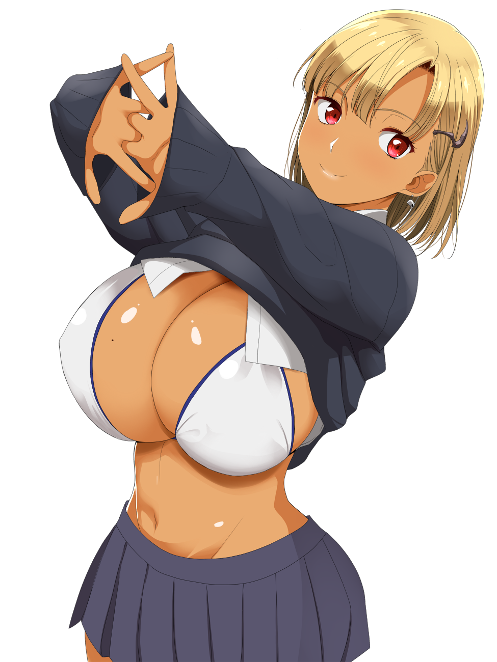 1girl blonde_hair bra breasts cleavage dark_skin gyaru hair_ornament hairclip highres huge_breasts kloah looking_at_viewer mole mole_on_breast original pov red_eyes school_uniform short_hair skirt smile solo stretch stretched_limb underwear uniform