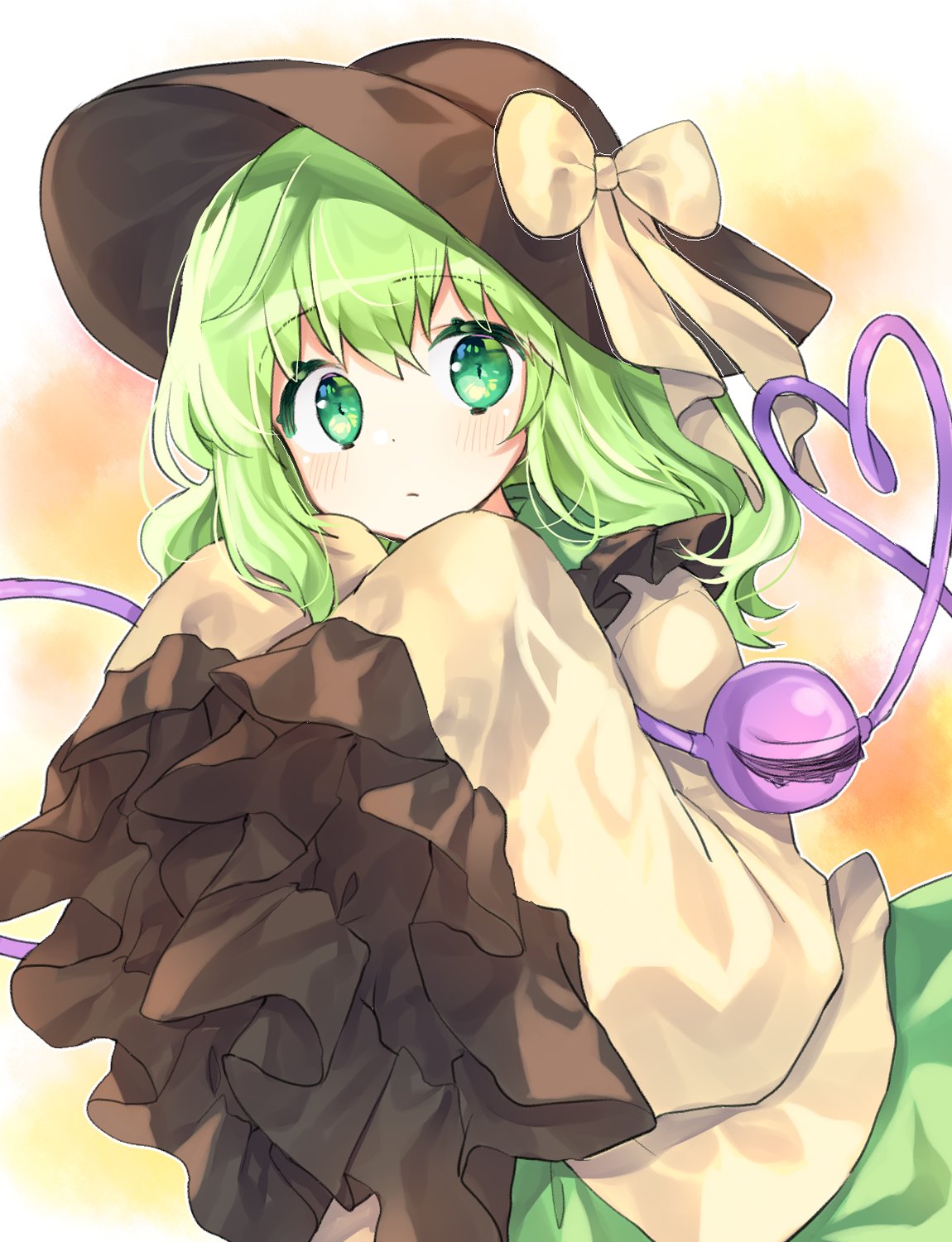 1girl bangs blush brown_hat brown_shirt cheunes closed_mouth eyebrows_visible_through_hair frilled_sleeves frills green_eyes green_hair green_skirt hands_up hat hat_ribbon heart heart_of_string highres komeiji_koishi long_sleeves looking_at_viewer ribbon shirt short_hair skirt sleeves_past_fingers sleeves_past_wrists solo third_eye touhou upper_body yellow_ribbon