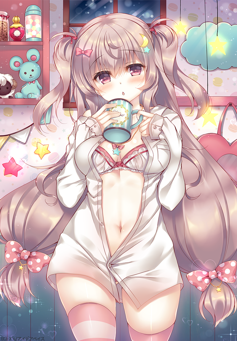 1girl bangs blush bow bra breasts cleavage commentary_request cowboy_shot crescent crescent_hair_ornament cup eyebrows_visible_through_hair hair_bow hair_ornament hands_up head_tilt holding holding_cup indoors long_hair long_sleeves looking_at_viewer low_twintails medium_breasts mug navel night open_clothes open_shirt original parted_lips partially_unbuttoned pink_eyes pink_legwear shelf shirt silver_hair sleeves_past_wrists solo star star_hair_ornament stomach striped striped_legwear stuffed_animal stuffed_toy suzunone_rena teddy_bear thigh-highs twintails two_side_up underwear very_long_hair white_bra white_shirt window