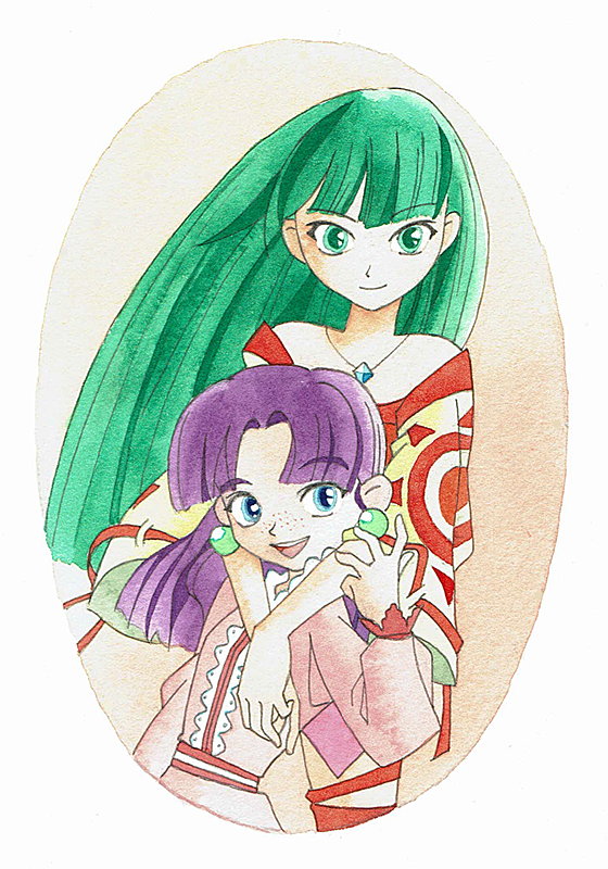 blue_eyes breasts earrings feena_(grandia) grandia grandia_i green_eyes green_hair hion_s jewelry long_hair medium_hair multiple_girls necklace purple_hair smile sue_(grandia) traditional_media watercolor_(medium)