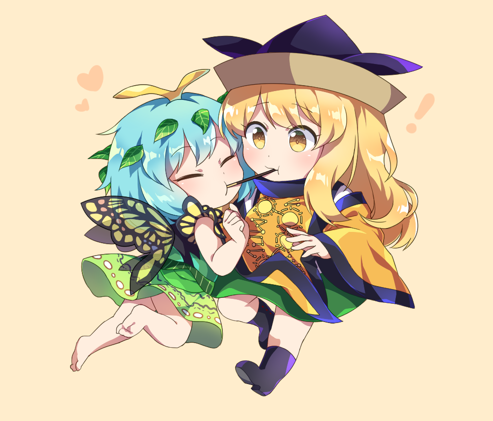 ! 2girls :t antennae bangs barefoot beige_background black_footwear black_hat blonde_hair blush boots butterfly_wings caramell0501 chibi clenched_hand closed_eyes commentary_request detached_sleeves dress eternity_larva eyebrows_visible_through_hair food green_dress green_skirt hand_up hat heart leaf long_hair long_sleeves matara_okina multiple_girls pocky pocky_kiss shared_food shirt short_hair simple_background skirt tabard touhou white_shirt wide_sleeves wings yellow_eyes yuri