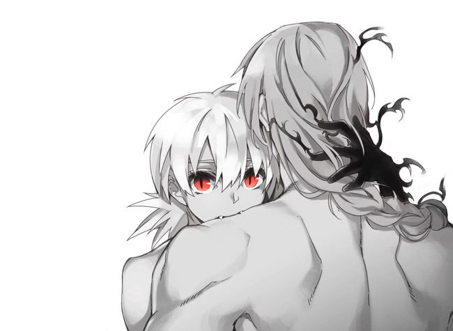 1boy 1girl back biting braid couple false_arm false_limb fangs height_difference hellsing hetero hug kayama_(fukayama) low_twintails monochrome nude pip_bernardotte red_eyes seras_victoria shoulder_blades single_braid spot_color topless twintails vampire