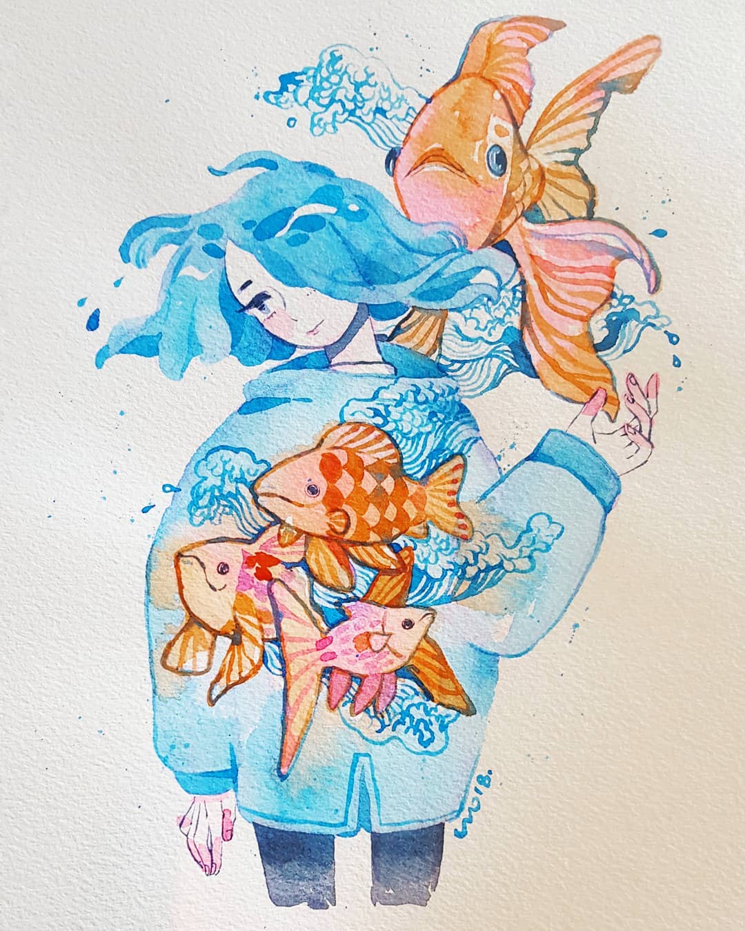 1girl arm_at_side blue_eyes blue_hair cowboy_shot droplet expressionless fish floating_hair goldfish hair_over_one_eye hand_up head_tilt highres limited_palette liquid_hair long_sleeves looking_to_the_side maruti_bitamin medium_hair original solo waves white_background