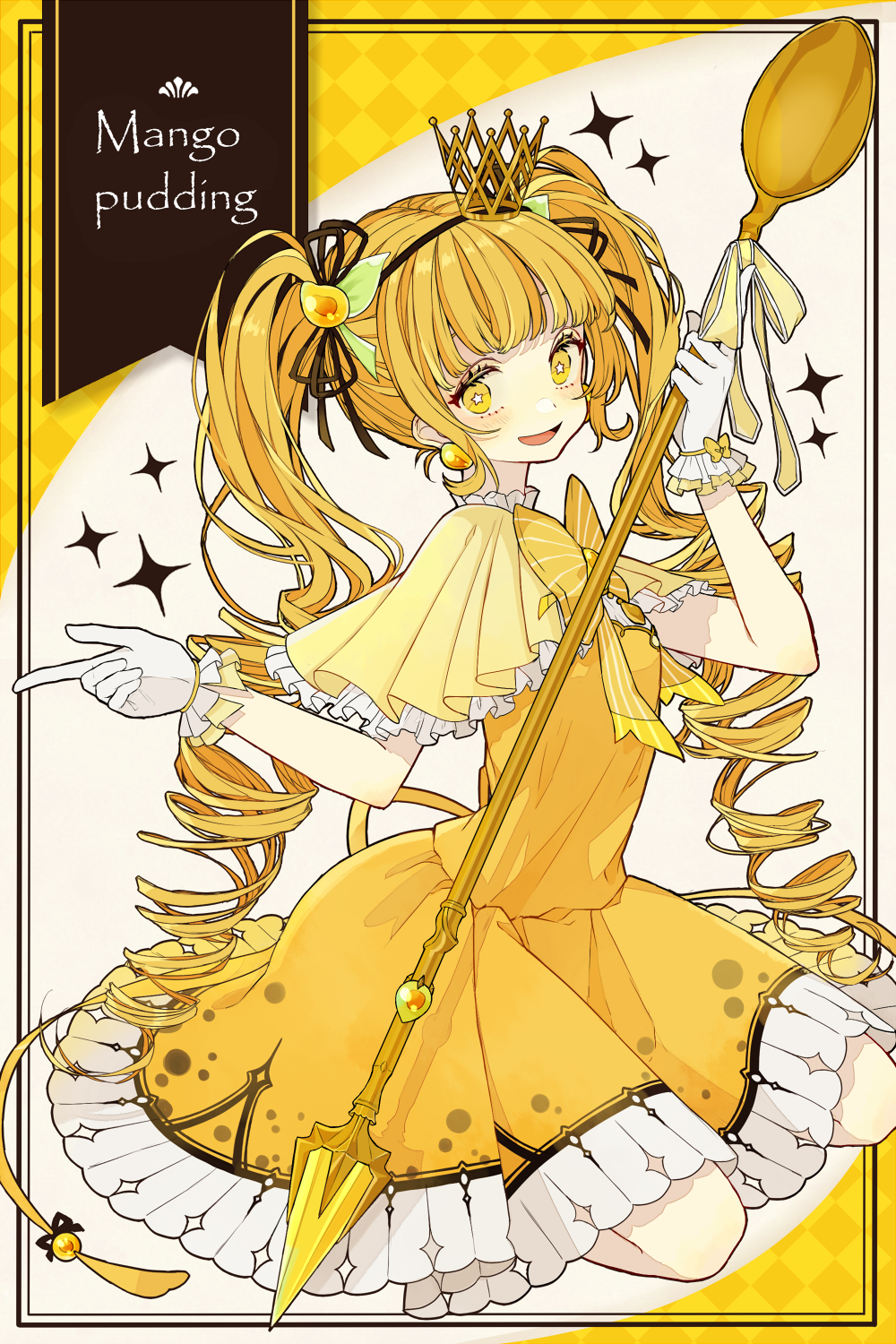 :d akakura bangs black_ribbon blonde_hair bow bowtie commentary_request crown dress drill_hair earrings english_text food food_fantasy frilled_gloves frills gloves hair_ornament hair_ribbon highres holding holding_spoon index_finger_raised jewelry long_hair looking_at_viewer mango open_mouth orange_dress oversized_object personification pudding ribbon sidelocks sitting smile sparkle spoon star star-shaped_pupils striped striped_neckwear symbol-shaped_pupils twin_drills very_long_hair white_gloves yellow_bow yellow_capelet yellow_dress yellow_eyes yellow_neckwear yellow_ribbon