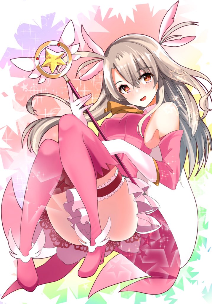 1girl abi_(abimel10) boots breasts dress elbow_gloves fate/kaleid_liner_prisma_illya fate_(series) feathers gloves hair_feathers holding holding_wand illyasviel_von_einzbern kaleidostick long_hair looking_at_viewer magical_girl magical_ruby pink_dress pink_feathers pink_footwear pink_gloves pink_legwear prisma_illya red_eyes small_breasts smile solo thigh-highs thigh_boots two_side_up wand white_gloves white_hair