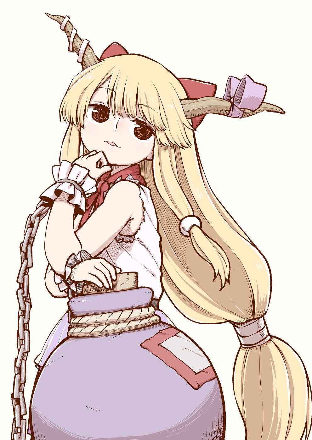 1girl bangs bare_arms bare_shoulders belt black_belt blonde_hair bow brown_eyes chains commentary_request cowboy_shot cuffs eyebrows_visible_through_hair gourd grey_background hair_bow hand_up head_tilt highres horn_ribbon horns ibuki_suika long_hair looking_at_viewer low-tied_long_hair oni oni_horns parted_lips poronegi purple_ribbon purple_skirt red_bow red_neckwear ribbon shackles shirt sidelocks simple_background skirt sleeveless sleeveless_shirt solo touhou very_long_hair white_shirt wrist_cuffs