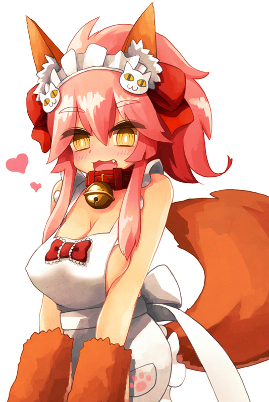 1girl @_@ animal_ear_fluff animal_ears apron bell bell_collar blush breasts cat_hair_ornament cat_paws cleavage collar fangs fate/grand_order fate_(series) fox_ears fox_tail gloves hair_ornament hair_ribbon heart jingle_bell large_breasts long_hair looking_at_viewer maid_headdress naked_apron open_mouth paw_gloves paws pink_hair ponytail red_ribbon ribbon simple_background solo sorrau tail tamamo_(fate)_(all) tamamo_cat_(fate) white_background yellow_eyes