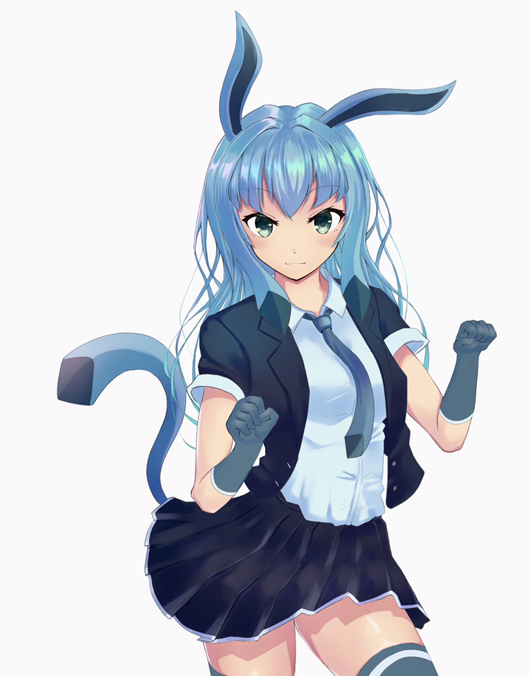 1girl animal_ears arms_up bangs black_jacket black_skirt blue_gloves blue_hair blue_legwear blue_neckwear commentary_request contrapposto cowboy_shot creatures_(company) expressionless eyebrows_visible_through_hair game_freak gen_4_pokemon glaceon gloves jacket long_hair looking_at_viewer necktie neko_zamurai nintendo open_clothes open_jacket paw_pose personification pleated_skirt pokemon shirt short_sleeves simple_background skirt solo tail thigh-highs white_background white_shirt