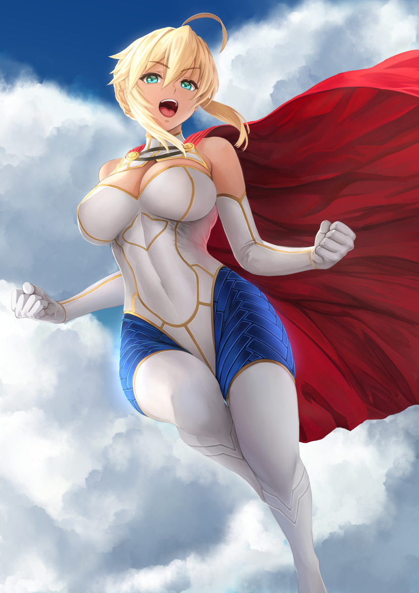 1girl :d ahoge aqua_eyes artoria_pendragon_(all) artoria_pendragon_(lancer) bangs bare_shoulders blonde_hair bodysuit breasts cape cleavage cleavage_cutout clenched_hands clouds cloudy_sky commentary_request covered_navel covered_nipples day elbow_gloves eyebrows_visible_through_hair fate/grand_order fate_(series) flying gloves hair_between_eyes hair_bun highres large_breasts long_hair looking_at_viewer open_mouth outdoors red_cape sidelocks skin_tight sky smile solo superhero upper_teeth v-shaped_eyebrows white_bodysuit white_gloves yamaneko_(tkdrumsco)