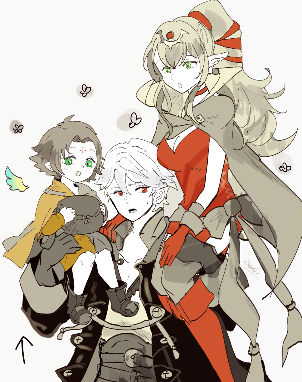 1boy 2girls blush boots breasts cape carrying carrying_over_shoulder chiki choker cleavage collarbone commentary_request dress fa facial_mark fire_emblem fire_emblem:_fuuin_no_tsurugi fire_emblem:_kakusei fire_emblem_heroes forehead_mark gimurei gloves green_eyes greyscale hair_ornament hair_ribbon highres jewelry long_hair male_my_unit_(fire_emblem:_kakusei) mamkute medium_breasts monochrome multiple_girls my_unit_(fire_emblem:_kakusei) nintendo open_mouth person_carrying pointy_ears ponytail red_choker red_dress red_eyes red_footwear red_gloves ribbon sasaki_(dkenpisss) short_hair signature spot_color white_hair yellow_dress