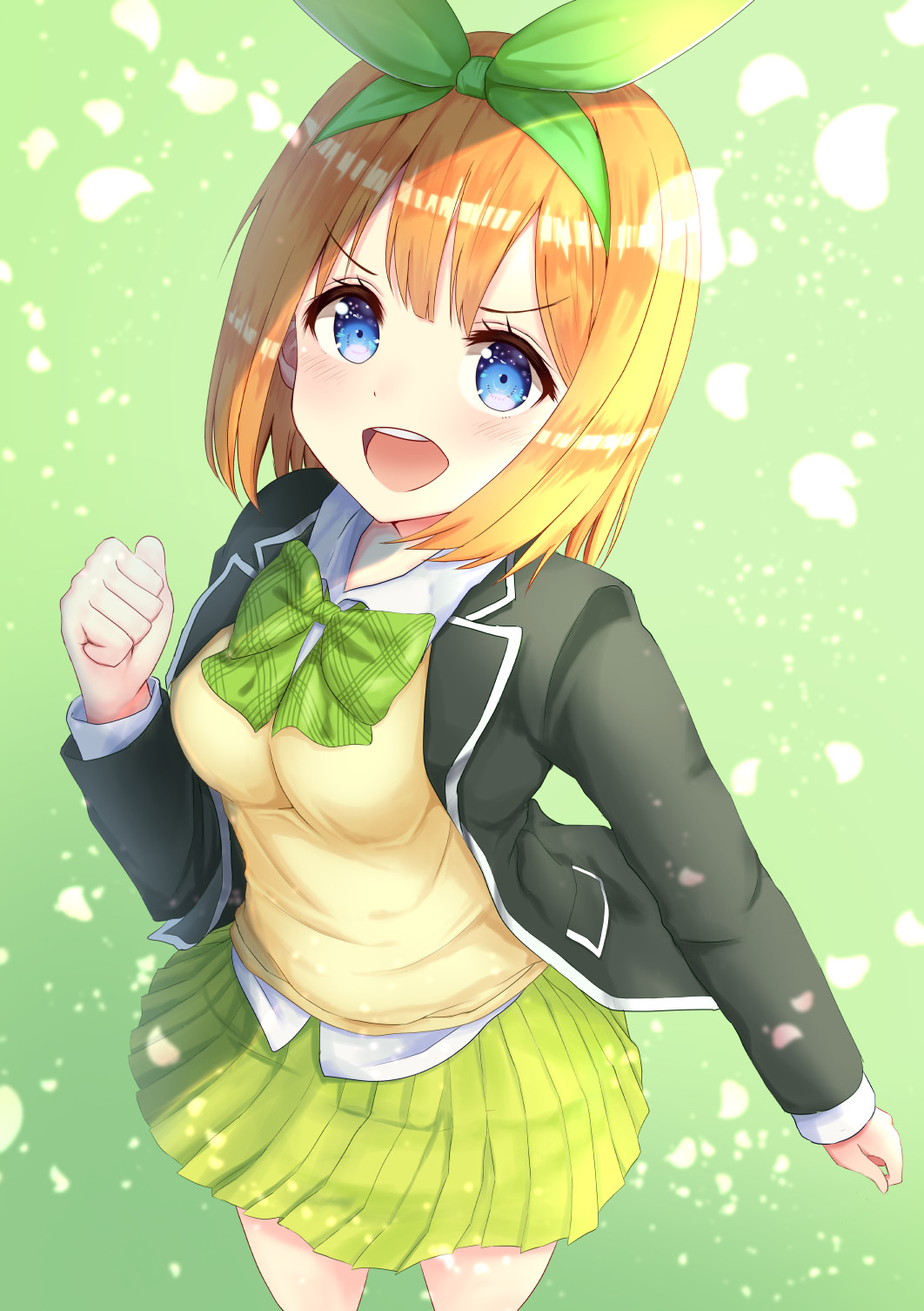 1girl :d bangs black_jacket blazer blue_eyes blush bow breasts brown_hair collared_shirt commentary_request eyebrows_visible_through_hair go-toubun_no_hanayome green_bow green_hairband green_ribbon green_skirt hair_ribbon hairband highres jacket long_sleeves medium_breasts mimikaki_(men_bow) nakano_yotsuba open_blazer open_clothes open_jacket open_mouth ribbon round_teeth school_uniform shirt skirt sleeves_past_wrists smile solo standing sweater_vest teeth upper_teeth v-shaped_eyebrows white_shirt