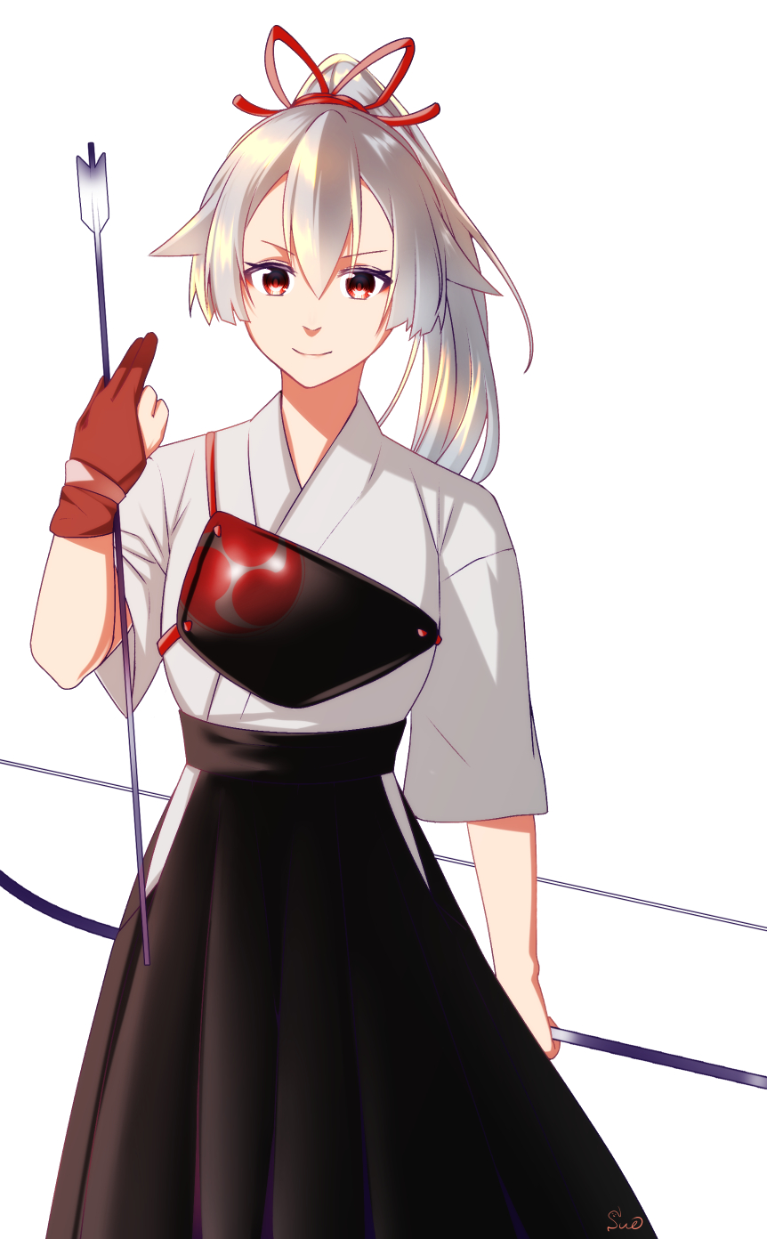 1girl alternate_costume archery arrow black_hakama bow_(weapon) fate/grand_order fate_(series) gloves grey_hair hair_between_eyes hair_ribbon hakama highres holding_arrow japanese_clothes kyuudou long_hair looking_at_viewer muneate partly_fingerless_gloves ponytail red_eyes red_ribbon ribbon signature simple_background smile solo sufia tasuki tomoe_gozen_(fate/grand_order) weapon white_background yugake