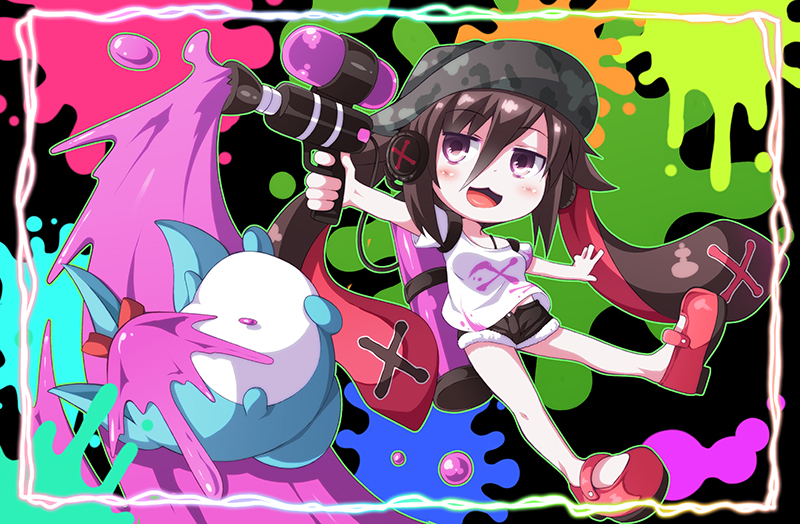 1girl bangs black_shorts blush breasts brown_eyes brown_hair brown_hat camouflage_hat eyebrows_visible_through_hair hair_between_eyes hat headphones holding long_hair medium_breasts multicolored_hair nijisanji paint_splatter red_footwear redhead shirt shoes short_shorts short_sleeves shorts solo splatoon_(series) tentacle_hair two-tone_hair utsurogi_angu very_long_hair virtual_youtuber weapon_request white_shirt yamiyono_moruru