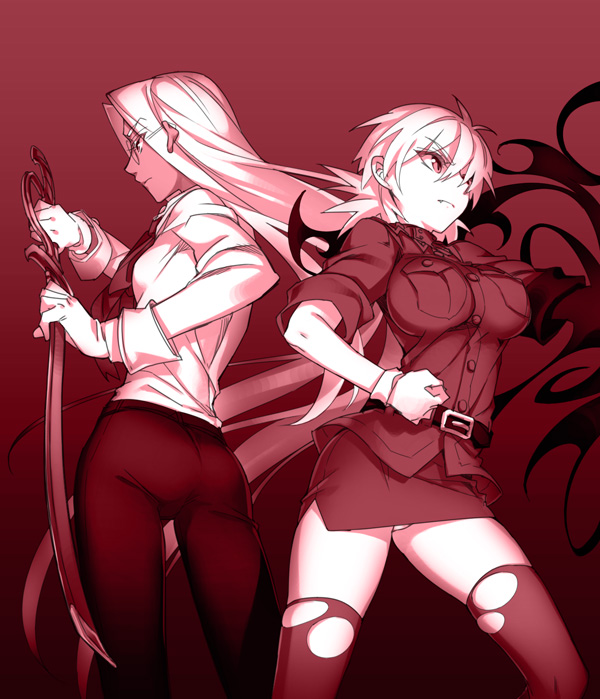 2girls ass back-to-back bangs belt breast_pocket breasts clenched_hand closed_mouth collared_shirt eyebrows_visible_through_hair false_arm false_limb fang fighting_stance glasses gloves hellsing holding holding_sword holding_weapon integra_hellsing kayama_(fukayama) large_breasts long_hair low_twintails military military_uniform miniskirt monochrome multiple_girls panties pants pantyshot pantyshot_(standing) pocket profile rapier red seras_victoria shirt short_hair skirt standing sword taut_clothes taut_shirt thigh-highs torn_clothes torn_legwear twintails underwear uniform v-shaped_eyebrows vampire weapon white_panties