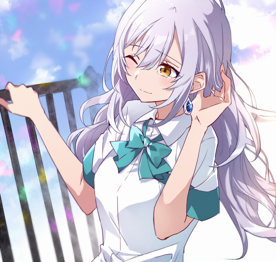 ;) aqua_bow blue_earrings blue_sky bow brown_eyes day hand_in_hair hand_up irozuku_sekai_no_ashita_kara long_hair one_eye_closed outdoors railing school_uniform shirt silver_hair sky smile tearing_up tsuedzu tsukishiro_hitomi upper_body very_long_hair white_shirt