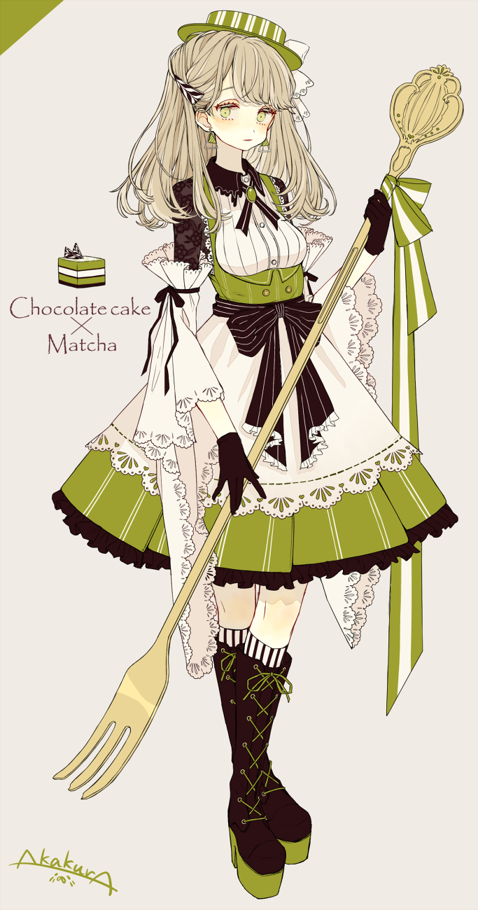 1girl akakura artist_name bangs black_gloves black_legwear black_neckwear boots brooch cake chocolate_cake cross-laced_footwear detached_sleeves english_text food fork full_body gloves green_eyes green_hat green_ribbon grey_background grey_hair hat high_heel_boots high_heels highres holding holding_fork jewelry knee_boots kneehighs lace-trimmed_sleeves long_hair looking_at_viewer neck_ribbon original oversized_object personification platform_footwear ribbon sash simple_background solo striped striped_legwear striped_neckwear striped_ribbon underbust vertical-striped_hat vertical-striped_legwear vertical_stripes