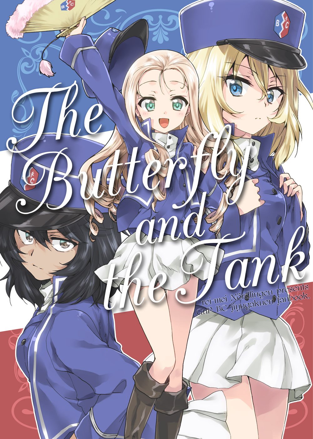 :d andou_(girls_und_panzer) arm_up bangs bc_freedom_(emblem) bc_freedom_military_uniform black_footwear black_hair blonde_hair blue_eyes blue_hat blue_jacket blue_vest boots brown_eyes circle_name closed_mouth commentary_request cover cover_page crossed_arms cursive dark_skin doujin_cover dress_shirt drill_hair emblem english_text fan folding_fan from_side frown girls_und_panzer green_eyes hat high_collar highres holding holding_fan jacket knee_boots kuroi_mimei long_hair long_sleeves looking_at_viewer marie_(girls_und_panzer) medium_hair messy_hair military military_hat military_uniform miniskirt open_mouth oshida_(girls_und_panzer) pleated_skirt shako_cap shirt skirt smile standing uniform vest white_shirt white_skirt