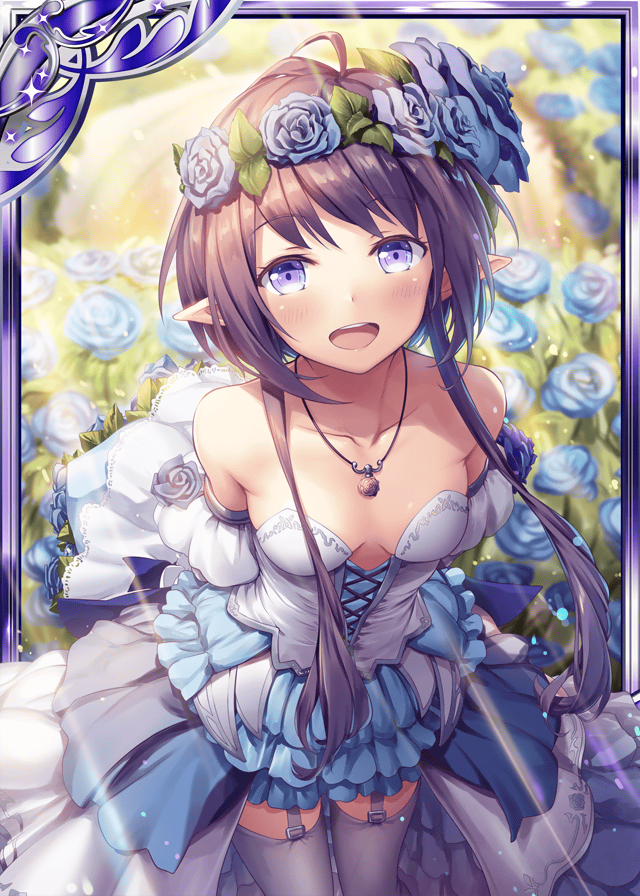 1girl akkijin armpits bare_shoulders blue_dress blue_flower blue_rose breasts card_(medium) dress elf flower garden head_wreath jewelry looking_at_viewer looking_up medium_breasts necklace official_art open_mouth pointy_ears purple_hair rose rose_bush shinkai_no_valkyrie short_hair thigh-highs violet_eyes