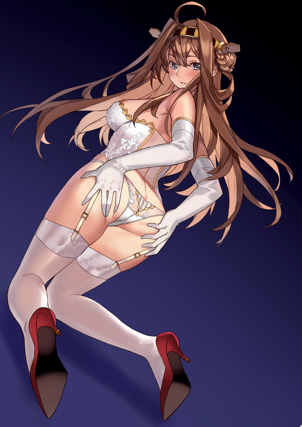 1girl ahoge alternate_costume ass bare_shoulders blush braid breasts brown_hair bustier corset double_bun elbow_gloves garter_belt gloves gradient gradient_background hair_between_eyes hairband hand_on_ass hands_on_own_ass headband high_heels highres kantai_collection kongou_(kantai_collection) lingerie long_hair looking_at_viewer looking_back medium_breasts miyazaki_byou panties parted_lips red_footwear sideboob solo thigh-highs underwear underwear_only violet_eyes white_bustier white_gloves white_legwear white_panties