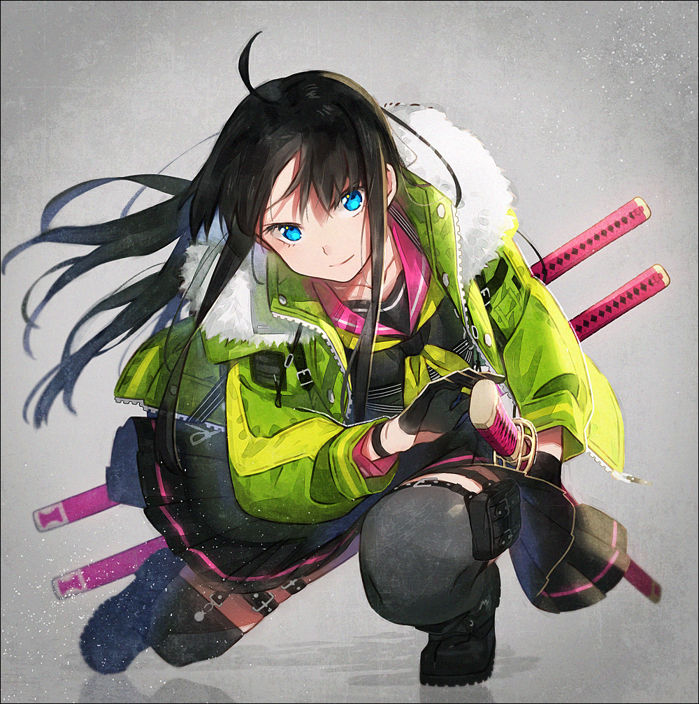 1girl ahoge bangs belt_pouch black_footwear black_gloves black_hair black_legwear black_shirt black_skirt blue_eyes closed_mouth collarbone floating_hair full_body fur_collar gloves green_jacket green_neckwear grey_background hakusai_(tiahszld) holding holding_sword holding_weapon jacket katana leg_belt light_particles long_hair looking_at_viewer miniskirt neckerchief open_clothes open_jacket original pink_sailor_collar pleated_skirt pouch reflection sailor_collar sanpaku school_uniform serafuku sheath sheathed shirt shoes sidelocks skirt smile solo sword thigh-highs weapon wristband