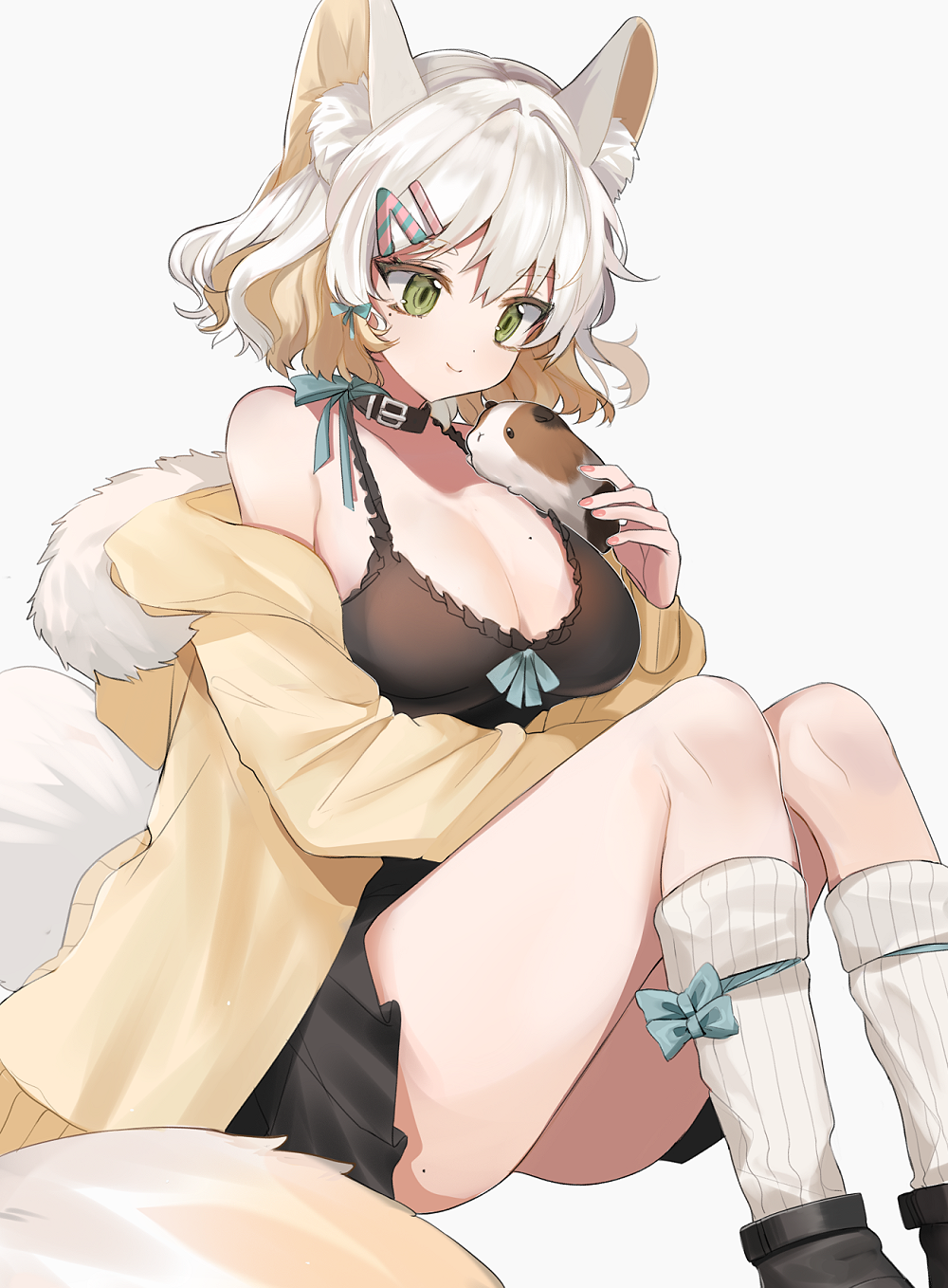 1girl :x animal_ear_fluff animal_ears bangs bare_shoulders belt_collar black_dress black_footwear blue_bow blue_ribbon bow breasts collar dress eyebrows_visible_through_hair fur-trimmed_sweater green_eyes hair_ornament hairclip hamster highres large_breasts large_tail long_sleeves medium_hair mid_(gameshe) mole mole_on_ass mole_on_breast off-shoulder_sweater original ribbed_legwear ribbon shoes silver_hair sitting sleeves_past_wrists smile socks solo_focus sweater tail thick_eyebrows white_legwear yellow_sweater