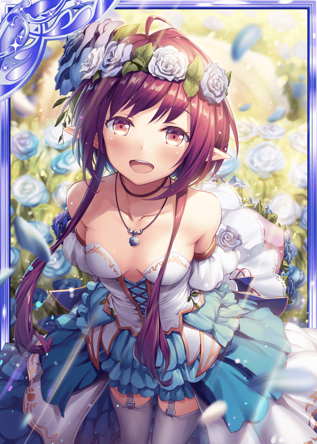 1girl akkijin armpits bare_shoulders blue_dress blue_flower blue_rose breasts card_(medium) dress elf flower garden head_wreath jewelry looking_at_viewer looking_up medium_breasts necklace official_art open_mouth pointy_ears red_eyes redhead rose rose_bush shinkai_no_valkyrie short_hair thigh-highs