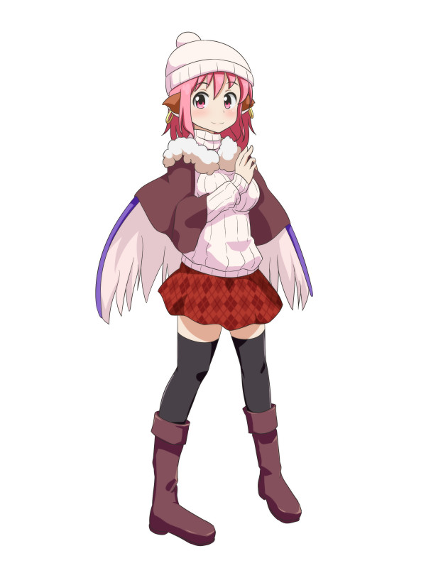 1girl alternate_costume animal_ears bird_wings black_legwear boots brown_capelet brown_footwear capelet cato_(monocatienus) commentary earrings eyebrows_visible_through_hair full_body fur_collar hat jewelry knee_boots long_hair long_sleeves mystia_lorelei pink_eyes pink_hair red_skirt ribbed_sweater simple_background skirt solo sweater thigh-highs touhou white_background white_hat white_sweater wings winter_clothes zettai_ryouiki