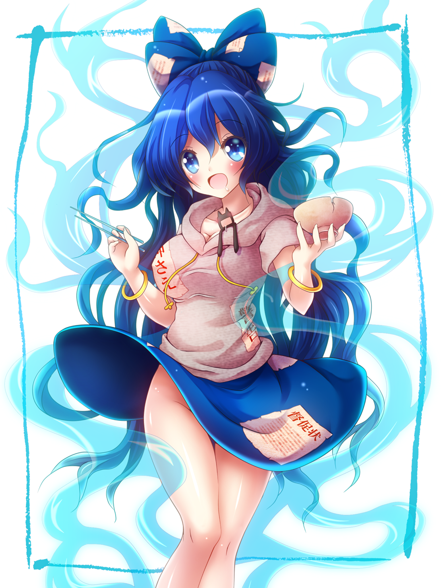 1girl :d blue_bow blue_eyes blue_skirt blush bow bowl breasts chopsticks cleavage commentary_request drawstring drooling eyebrows_visible_through_hair hair_between_eyes hair_bow highres hood hood_down large_breasts long_hair looking_at_viewer no_panties open_mouth osashin_(osada) short_sleeves skirt smile solo touhou very_long_hair yorigami_shion