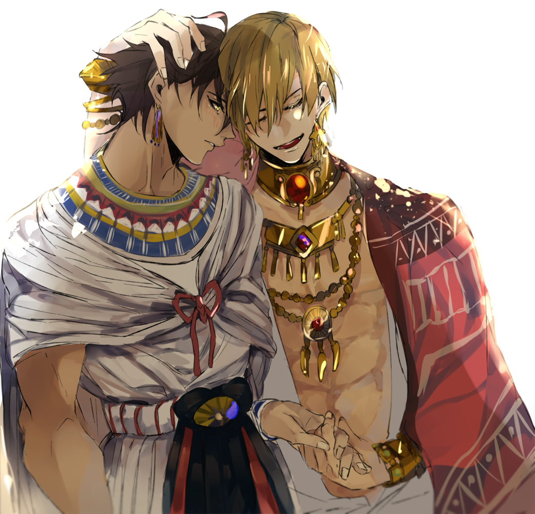 2boys blonde_hair blush brown_hair dark_skin dark_skinned_male earrings egyptian_clothes fate/grand_order fate/prototype fate/prototype:_fragments_of_blue_and_silver fate_(series) gilgamesh hand_on_another's_head jewelry male_focus multiple_boys necklace open_clothes open_shirt ozymandias_(fate) pvc_parfait red_eyes shawl yellow_eyes