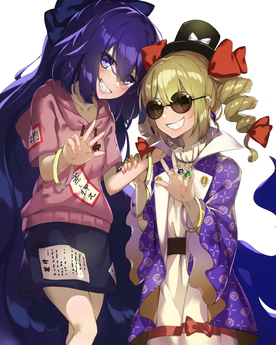 2girls absurdly_long_hair arm_up bangle belt blonde_hair blue_coat blue_eyes blue_hair blue_skirt bow bracelet breasts coat collarbone commentary_request cowboy_shot debt drawstring dress drill_hair earrings emerald_(gemstone) eyes_visible_through_eyewear flat_chest grin hair_between_eyes hair_bow hair_ribbon hand_on_another's_arm hand_on_another's_shoulder hat head_tilt head_to_head high_collar hood hood_down jewelry long_hair long_sleeves multiple_girls open_clothes open_coat pink_hoodie piyodesu ribbon ring ruby_(gemstone) sapphire_(gemstone) sharp_teeth short_sleeves siblings simple_background sisters skirt small_breasts smile sunglasses teeth top_hat touhou twin_drills very_long_hair w white_background white_dress yellow_eyes yorigami_jo'on yorigami_shion