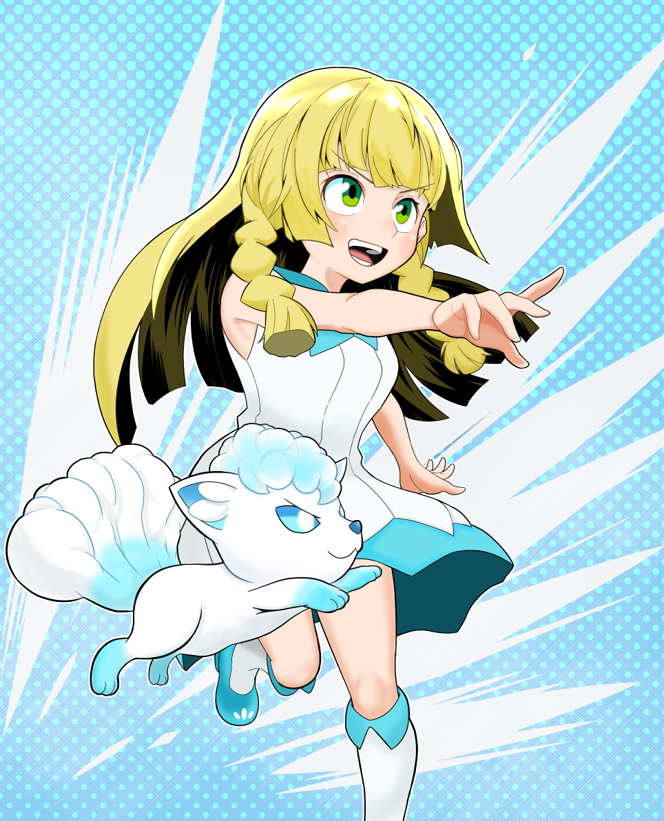 1girl alolan_vulpix blonde_hair creatures_(company) dress game_freak gen_1_pokemon green_eyes kaz-low lillie_(pokemon) nintendo open_mouth pokemon pokemon_(game) pokemon_sm vulpix white_dress