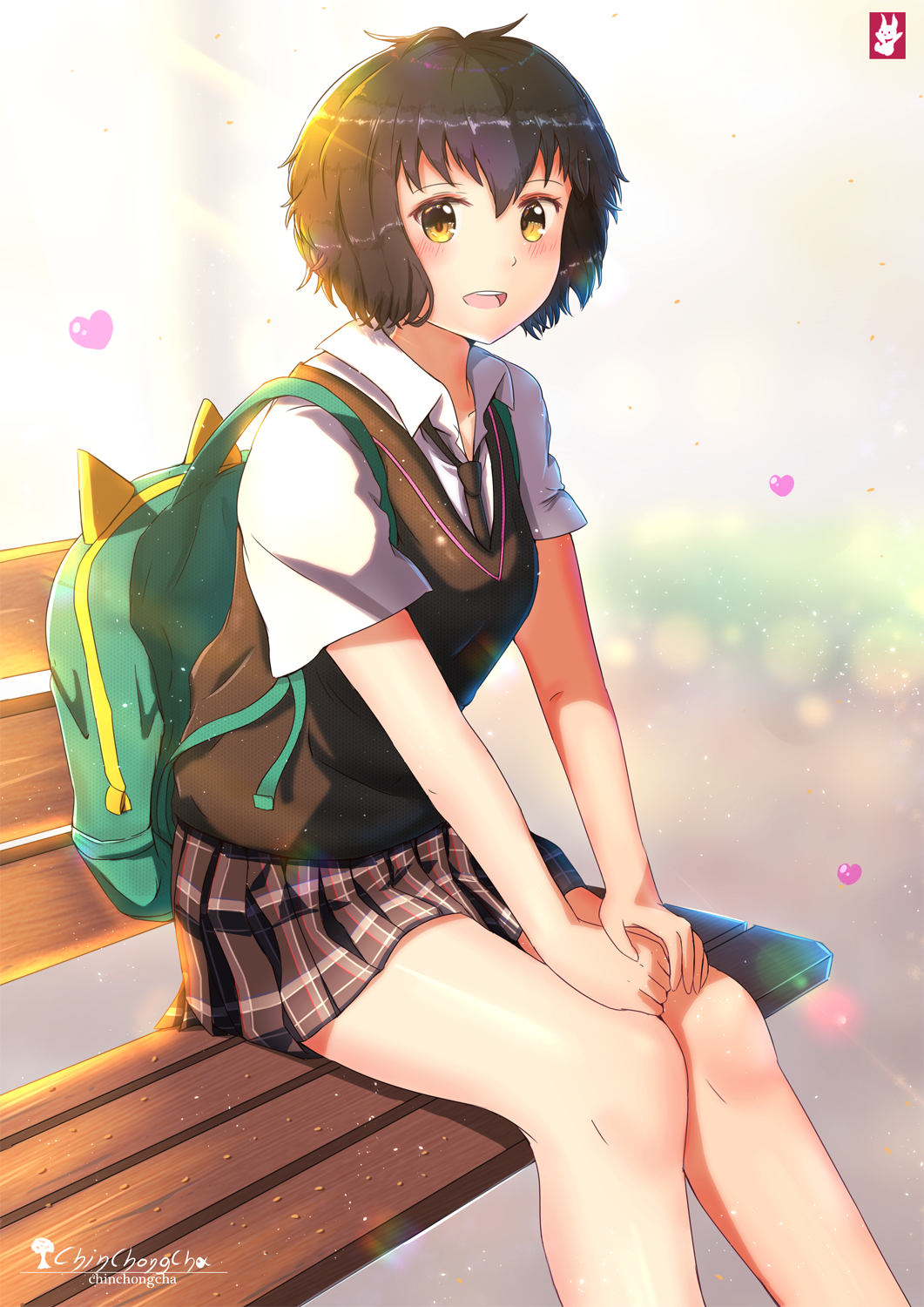 1girl artist_name backpack bag bangs black_hair blush brown_eyes chinchongcha hair_between_eyes heart highres looking_at_viewer marvel necktie open_mouth peni_parker pleated_skirt school_uniform short_hair simple_background sitting skirt solo spider-man:_into_the_spider-verse