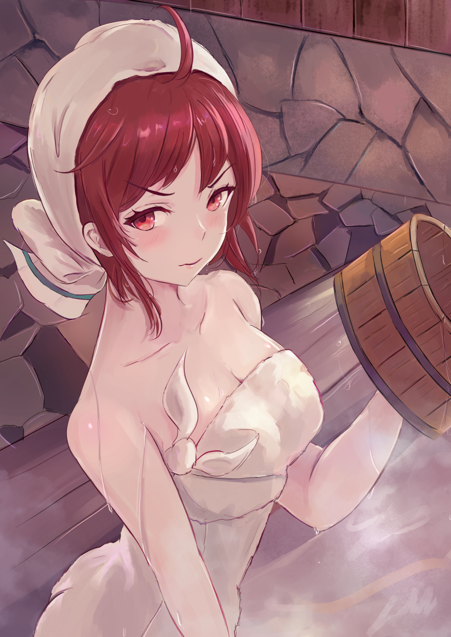 1girl ahoge bare_shoulders blush breasts bucket cleavage fire_emblem fire_emblem_heroes fire_emblem_if highres hinoka_(fire_emblem_if) indoors leonmandala looking_at_viewer medium_breasts naked_towel nintendo onsen red_eyes redhead short_hair solo steam towel towel_on_head wet wet_hair white_towel