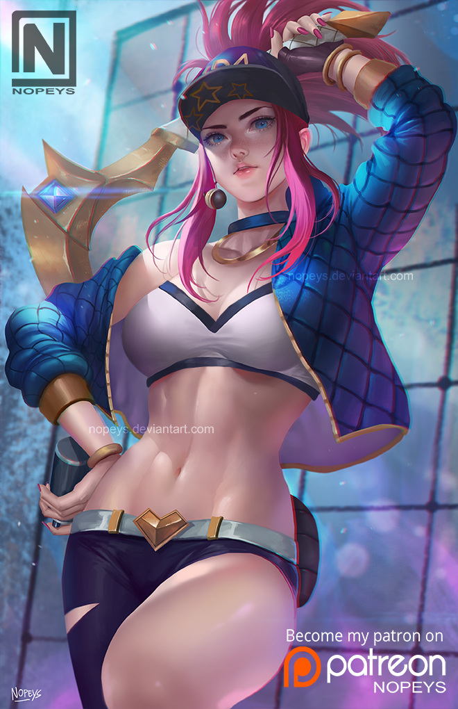 1girl akali bare_shoulders baseball_cap belt blue_eyes blue_jacket bracelet breasts choker cleavage collar crop_top earrings fingerless_gloves gloves hand_on_hip hat holding holding_weapon idol jacket jewelry k/da_(league_of_legends) k/da_akali league_of_legends long_hair looking_at_viewer microphone midriff nail_polish navel norman_de_mesa off_shoulder pink_hair ponytail solo spray_can tile_floor tiles toned weapon