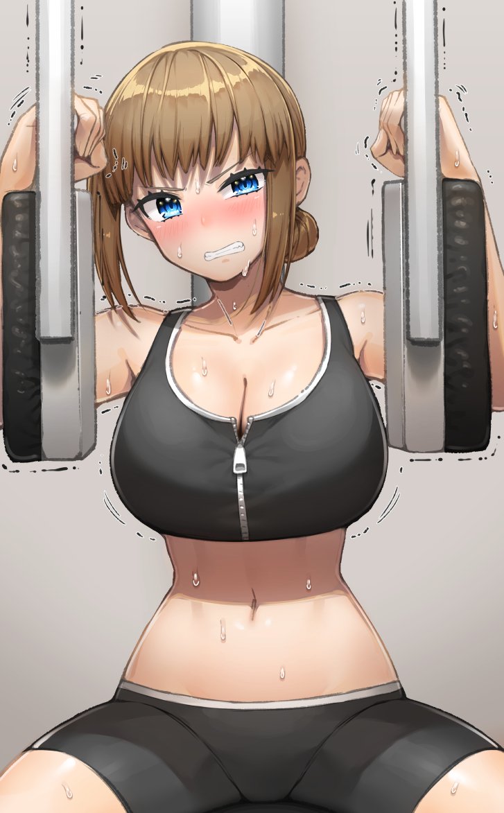 1girl blue_eyes blush breasts brown_hair cleavage clenched_teeth commentary_request cowboy_shot exercise_machine grey_background hair_bun large_breasts looking_at_viewer navel original pyz_(cath_x_tech) shorts sidelocks simple_background sitting solo sports_bra sweat teeth zipper