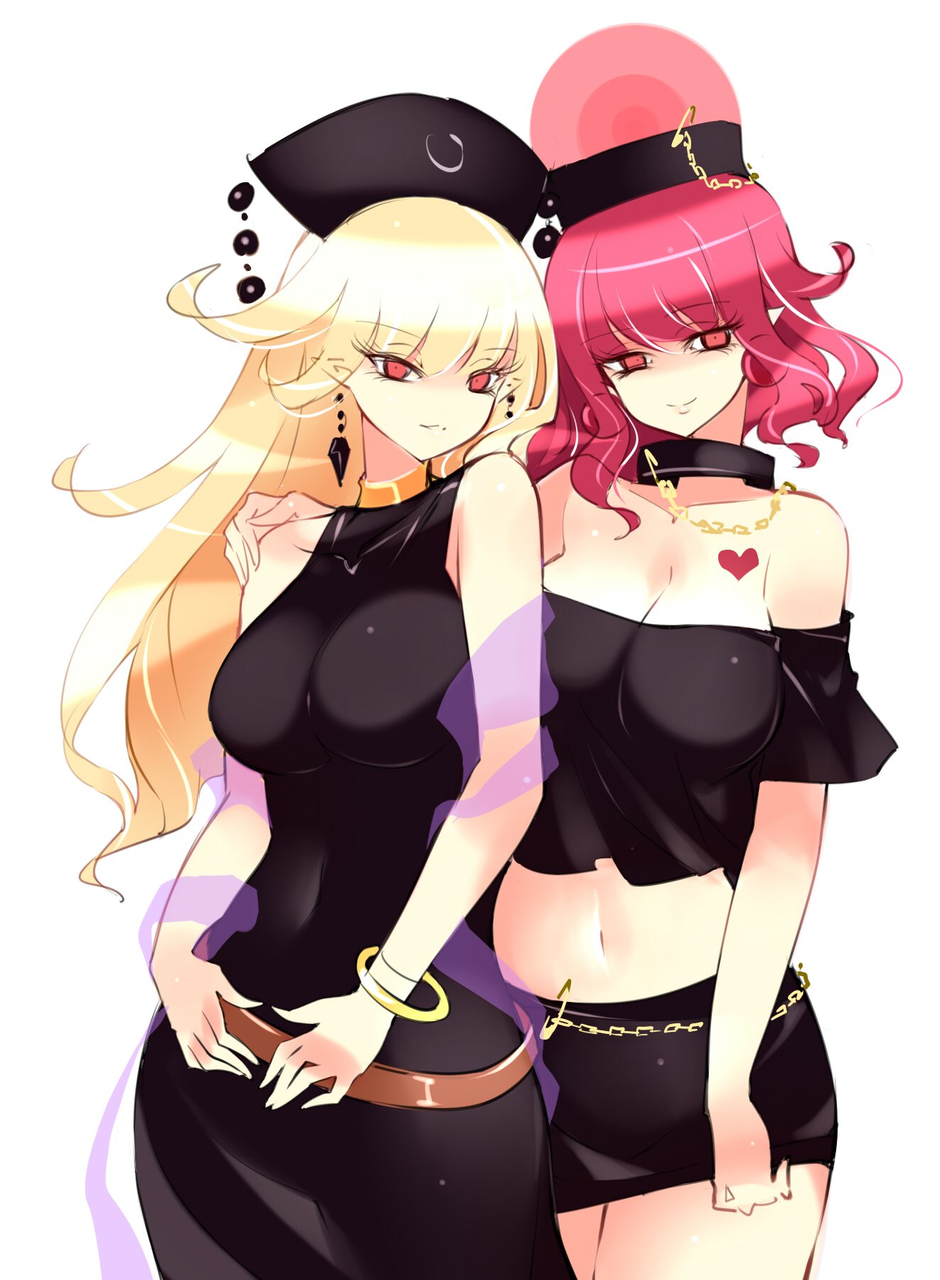 2girls alternate_costume bangle bangs bare_arms bare_shoulders belt black_choker black_dress black_shirt black_skirt blonde_hair bracelet breasts brown_belt chains choker cleavage collarbone commentary_request covered_navel cowboy_shot crop_top dress earrings eyebrows_visible_through_hair eyelashes hand_on_another's_shoulder head_tilt headdress heart_tattoo hecatia_lapislazuli highres jewelry junko_(touhou) large_breasts long_hair looking_at_viewer midriff miniskirt multiple_girls navel no_nose off-shoulder_shirt off_shoulder parted_lips pencil_skirt pointy_ears polos_crown raptor7 red_eyes redhead shawl shirt short_sleeves simple_background skirt skirt_set sleeveless sleeveless_dress smile standing stomach tattoo thighs touhou very_long_hair white_background