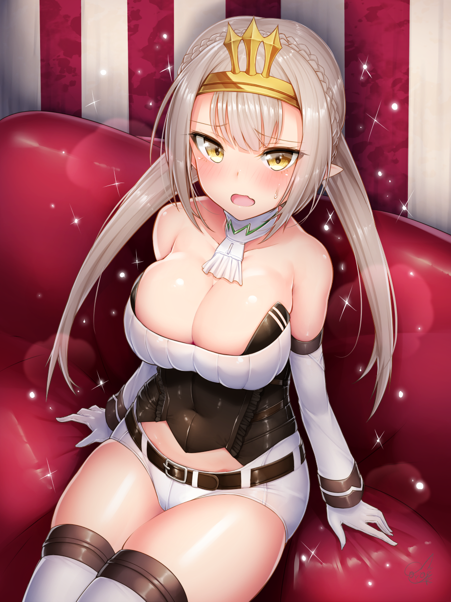1girl arms_at_sides bangs bare_shoulders belt belt_buckle blonde_hair blush braid breasts buckle busou_shinki character_request cleavage collarbone commentary_request corset couch covered_navel crown_braid detached_collar detached_sleeves doyouwantto eyebrows_visible_through_hair gloves hairband highres large_breasts long_hair long_sleeves looking_at_viewer on_couch open_mouth pointy_ears shiny shiny_hair shiny_skin short_shorts shorts signature silver_hair sitting skindentation solo strapless striped striped_background thigh-highs twintails vertical-striped_background vertical_stripes white_gloves white_legwear white_shorts yellow_hairband