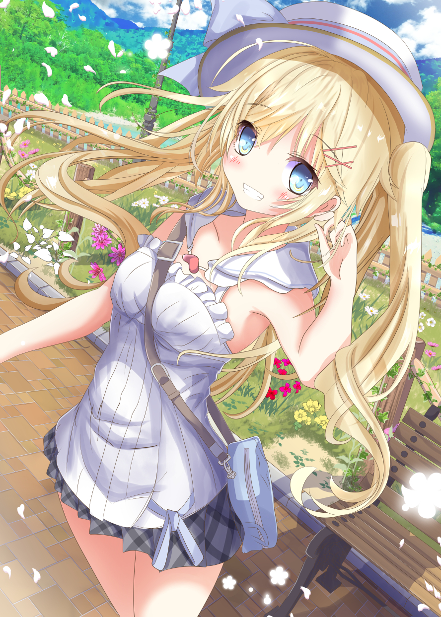 1girl aruka_(alka_p1) bag bangs between_breasts blonde_hair blue_eyes blue_sky blush breasts clouds cloudy_sky collarbone commentary_request day detached_collar eyebrows_visible_through_hair flower frilled_shirt frills grey_skirt grin hair_ornament hairclip hand_up hat highres looking_at_viewer original outdoors petals pink_flower plaid plaid_skirt pleated_skirt purple_flower red_flower sailor_collar shirt shoulder_bag sidelocks skirt sky small_breasts smile solo standing strap_cleavage strapless twintails water white_flower white_hat white_sailor_collar white_shirt x_hair_ornament yellow_flower
