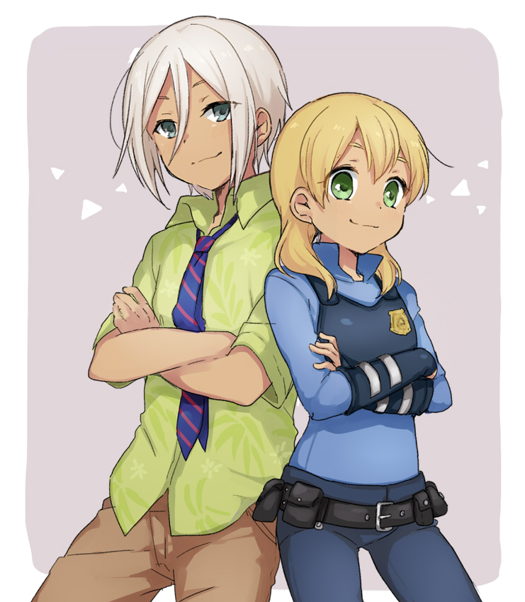 2boys blonde_hair blue_eyes cosplay crossed_arms green_eyes hayami_maya inazuma_eleven inazuma_eleven_(series) judy_hopps judy_hopps_(cosplay) long_hair looking_at_viewer male_focus miyasaka_ryou multiple_boys necktie nick_wilde nick_wilde_(cosplay) police police_uniform smile tomo_(sjim) uniform white_hair zootopia