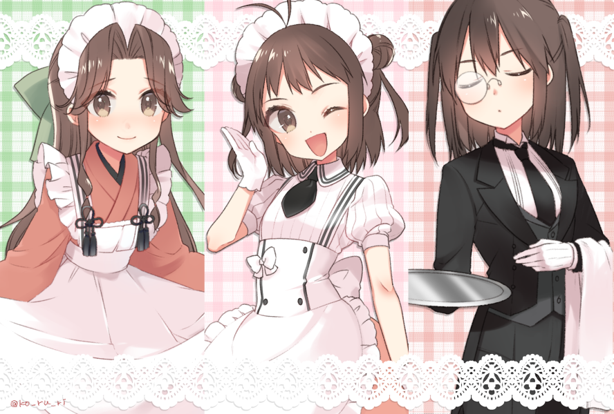 3girls antenna_hair apron black_eyes black_neckwear bow brown_eyes brown_hair butler cowboy_shot double_bun dress frilled_apron frills gloves green_bow hair_bow hair_intakes half_updo japanese_clothes jintsuu_(kantai_collection) kantai_collection kimono koruri maid maid_headdress monochrome multicolored multicolored_background multiple_girls naka_(kantai_collection) necktie one_eye_closed orange_kimono plaid plaid_background ribbed_dress sendai_(kantai_collection) short_hair smile towel tray tuxedo two_side_up wa_maid waitress white_apron white_dress white_gloves