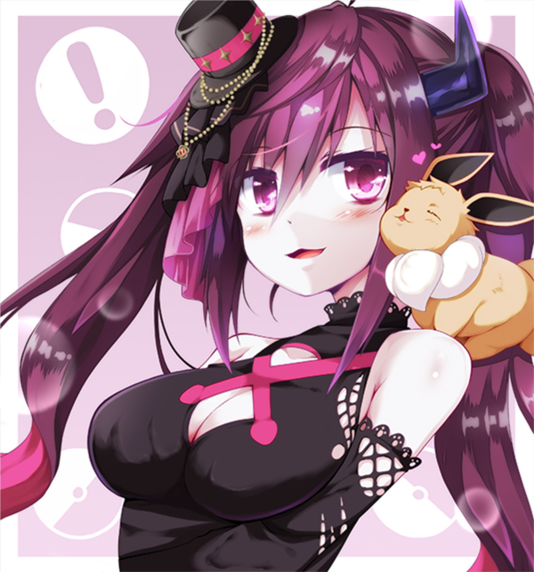 ! 1girl :d bare_shoulders black_dress black_hat black_sleeves blush breasts cleavage cleavage_cutout closed_eyes creatures_(company) crossover demon_horns detached_sleeves dress eevee game_freak gen_1_pokemon hat horns large_breasts long_hair mini_hat mini_top_hat multicolored_hair nijisanji nintendo on_shoulder open_mouth pink_hair pokemon pokemon_(creature) pokemon_on_shoulder purple_hair sleeveless sleeveless_dress smile tilted_headwear top_hat twintails two-tone_hair utsurogi_angu violet_eyes virtual_youtuber yamiyono_moruru