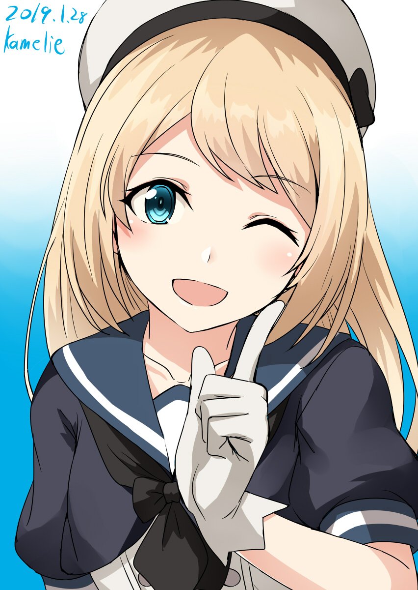 1girl blonde_hair blue_background blue_eyes blue_sailor_collar commentary_request dated dress gloves gradient gradient_background hat highres index_finger_raised jervis_(kantai_collection) kamelie kantai_collection long_hair looking_at_viewer one_eye_closed open_mouth sailor_collar sailor_dress sailor_hat solo twitter_username upper_body white_background white_dress white_gloves white_hat