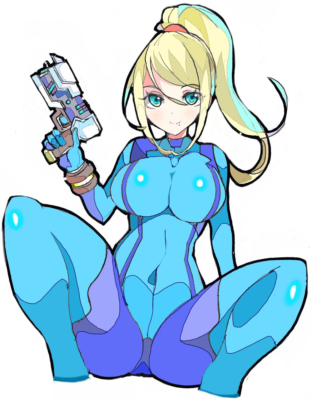 1girl blonde_hair blue_bodysuit blue_eyes bodysuit breasts closed_mouth covered_navel enpe eyebrows_visible_through_hair eyes_visible_through_hair finger_on_trigger gun hair_between_eyes hand_up handgun highres holding holding_gun holding_weapon large_breasts long_hair looking_at_viewer metroid mole mole_under_mouth nintendo ponytail samus_aran simple_background smile solo weapon white_background zero_suit