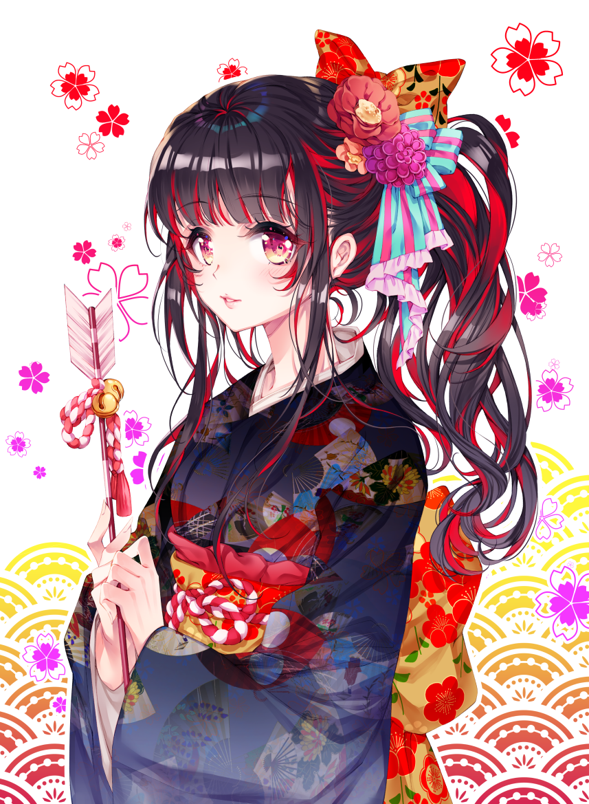 1girl arrow back_bow bangs bell black_kimono blunt_bangs bow breasts colored_stripes commentary_request eyebrows_visible_through_hair floral_background flower frilled_bow frills hair_bow hair_flower hair_ornament hamaya holding_arrow japanese_clothes jingle_bell kimono long_sleeves looking_at_viewer multicolored multicolored_eyes multicolored_hair obi original own_hands_together parted_lips pink_eyes ponytail print_kimono red_bow red_flower redhead sash sidelocks soen solo striped striped_bow tassel two-tone_hair wide_sleeves yellow_bow yellow_eyes
