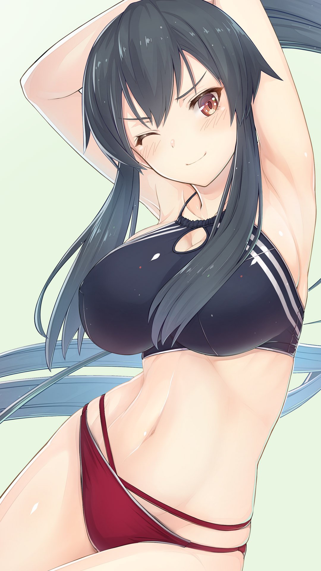 1girl ;) armpit_crease armpits arms_up bangs bare_arms bare_shoulders bikini black_hair blush breasts brown_eyes bunches cleavage cleavage_cutout closed_mouth erect_nipples groin halter_top halterneck highres impossible_clothes impossible_swimsuit kantai_collection large_breasts long_hair looking_at_viewer midriff multi-strapped_bikini navel one_eye_closed seams sideboob sidelocks skindentation smile solo stomach swimsuit urigarasu v-shaped_eyebrows yahagi_(kantai_collection)