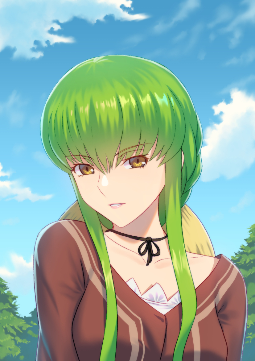 1girl bangs black_ribbon blue_sky braid brown_eyes brown_shirt c.c. clouds code_geass collarbone eyebrows_visible_through_hair fateline_alpha green_hair hair_between_eyes indoors long_hair looking_at_viewer ribbon shiny shiny_hair shirt sidelocks sky solo upper_body