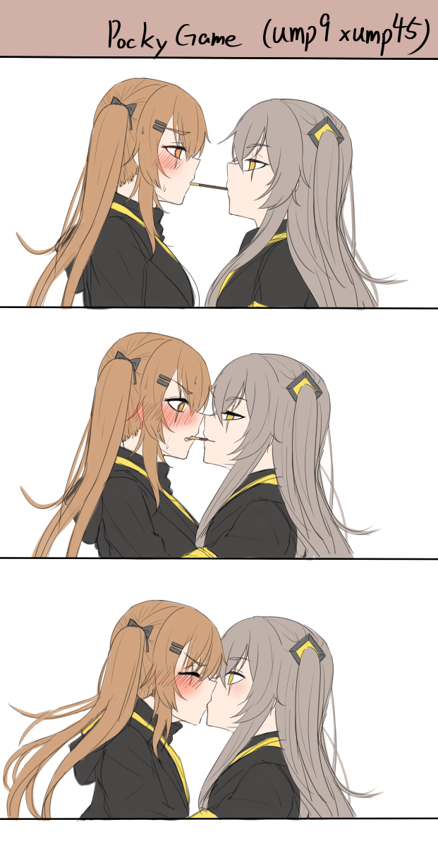 2girls armband bangs black_bow black_jacket black_ribbon blush bow brown_eyes brown_hair closed_eyes crossed_bangs eye_contact eyebrows_visible_through_hair food girls_frontline hair_ornament hairclip highres hood hood_down hooded_jacket jacket kiss long_hair looking_at_another mouth_hold multiple_girls one_side_up open_clothes open_jacket p981877 pocky pocky_kiss ribbon scar scar_across_eye shared_food shirt simple_background smile ump45_(girls_frontline) ump9_(girls_frontline) white_shirt yuri